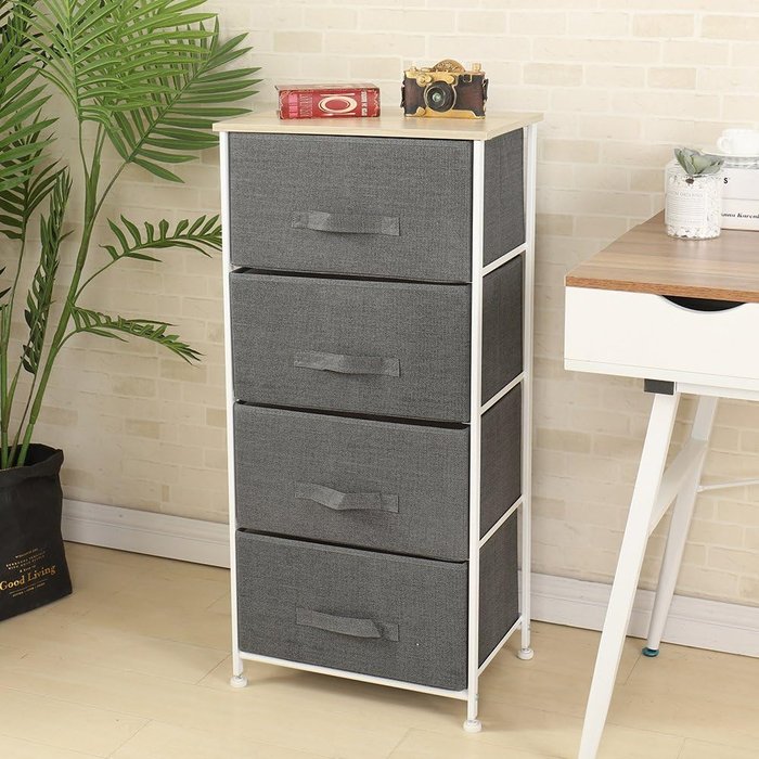 Cómoda de tela – mesita de noche práctica con 4 cajones, 45 x 30 x 94 cm, gris