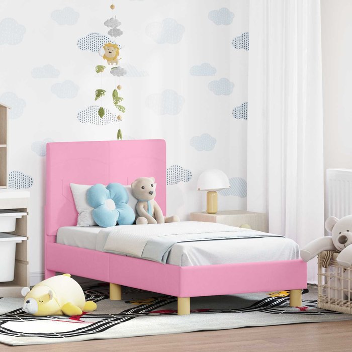 Estructura de cama para niños pequeños con cabecera rosa tela