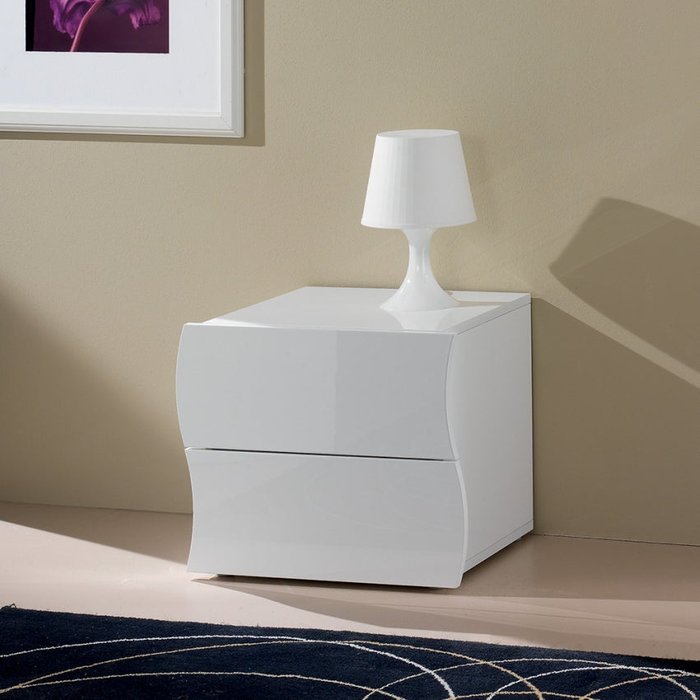 Mesita de noche con 2 cajones para dormitorio blanco brillante onda smart
