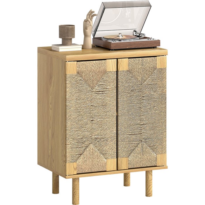 Aparador bohemio 2 puertas 60x40x78cm roble estante ajustable cuerda tejida