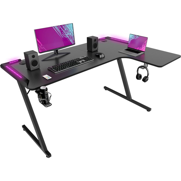 Shigeru - escritorio gaming esquinero 140x99x76 cm con led en mdf y metal negro