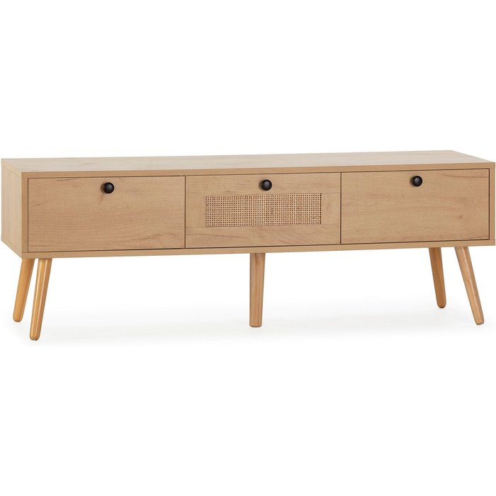 Mueble tv bella 3 puertas color roble con ratán natural