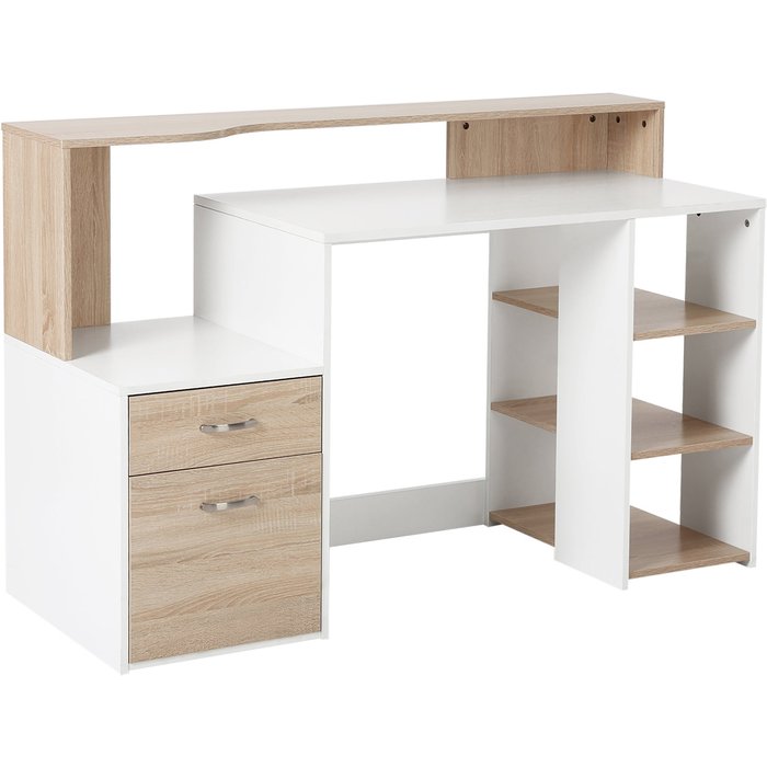 Mesa ordenador 140x55x92cm 3 estantes 2 cajones soporte impresora blanco roble