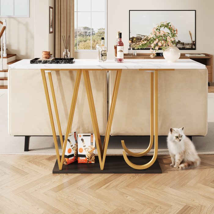 Mesa consola - 120 x 29,5 x 80 cm - mdf y patas de metal dorado - blanco