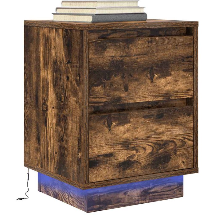 Mesilla de noche con luces led roble ahumado 38x34x50 cm