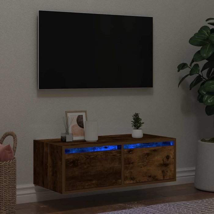 Mueble tv con luces led roble ahumado 75x35,5x25 cm