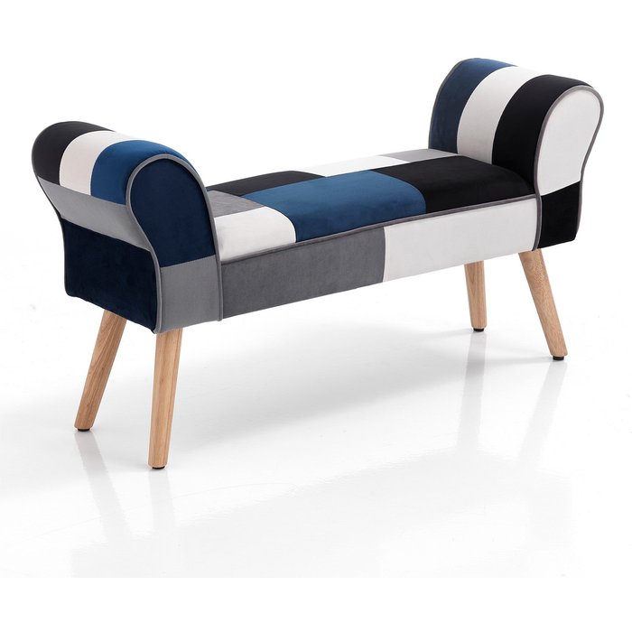 Banco kaleidos blue en tela patchwork y madera de roble, h.53 l.100 p.30