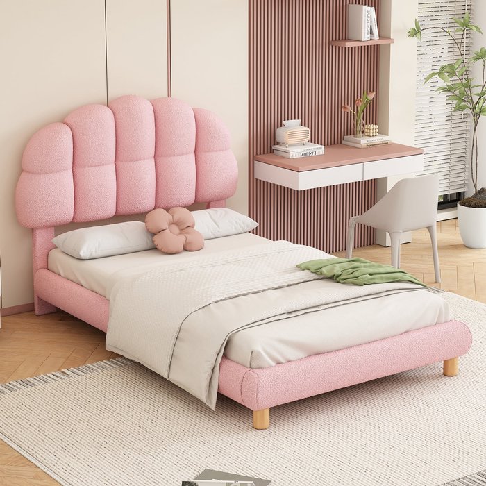 Cama individual 90x200 cm, cama infantil, somier, rosa