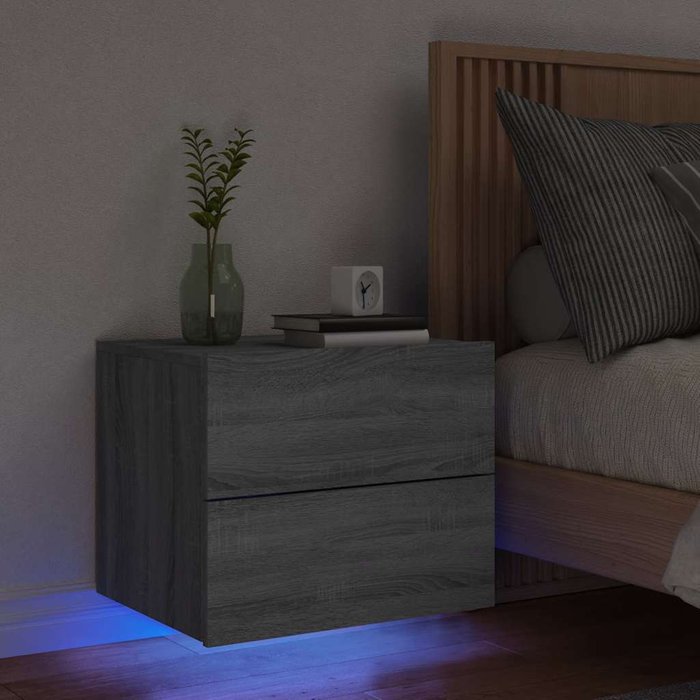 Mesita de noche de pared con luces led en gris sonoma