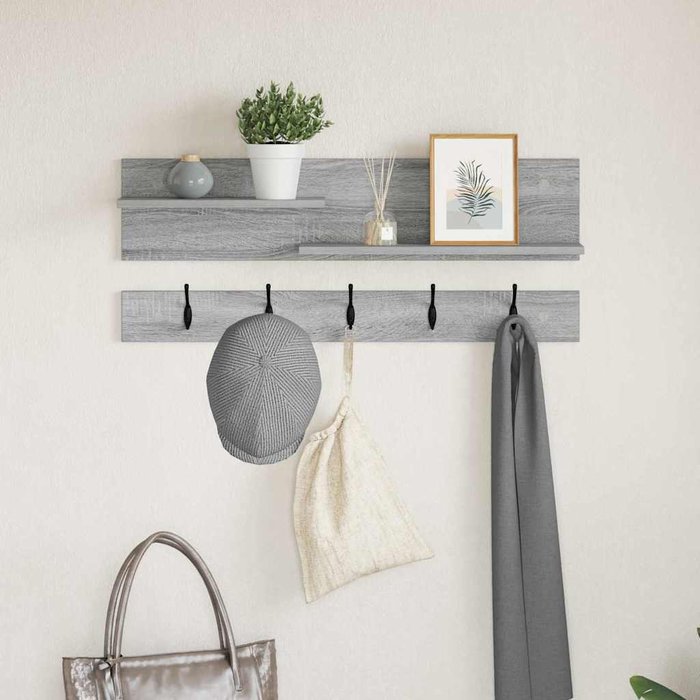 Perchero de pared con estante, color gris sonoma, 90 x 15 x 36 cm.