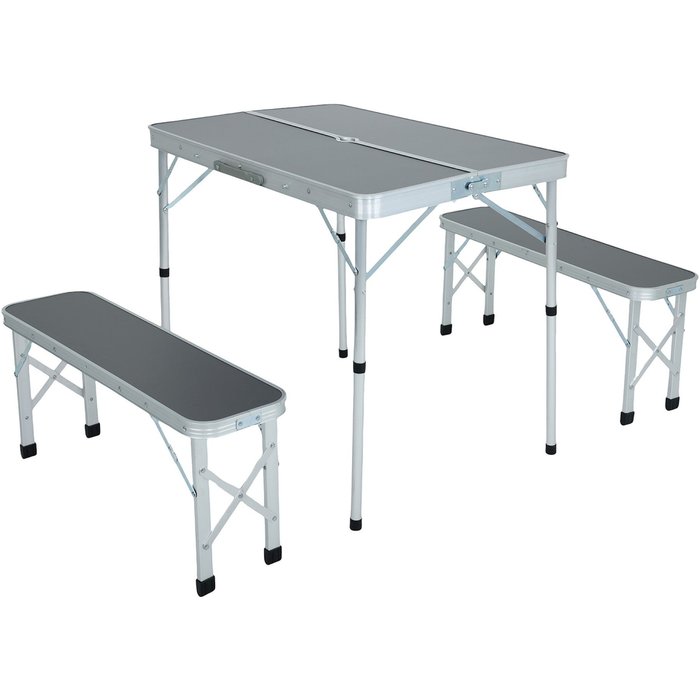 Mesa de camping roi con 2 bancos plegables en color gris
