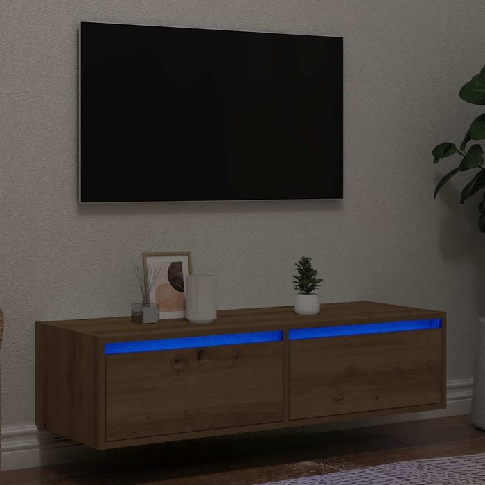 Mueble tv con luces led roble artesanal 100x35,5x25 cm