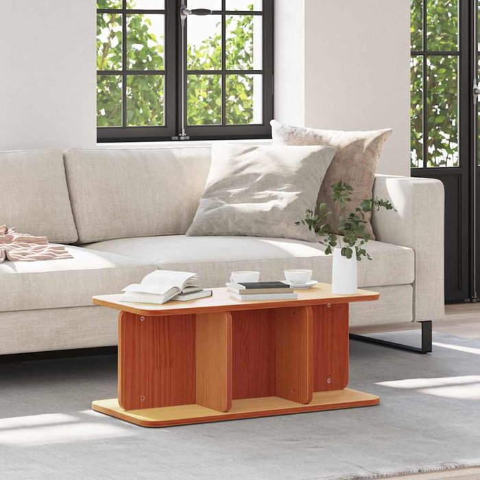 Mesa de centro, color marrón cera, 80 x 39,5 x 33,5 cm, madera maciza de pino.