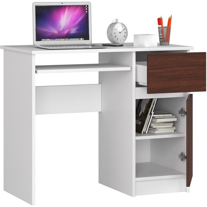 Escritorio blanco y wengué con mueble y cajón con cerradura, 77 x 90 x 50 cm