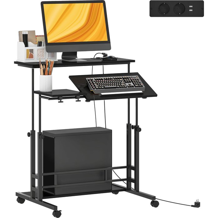 Mesa elevable con ruedas 80x60cm negro - enchufes usb y panel inclinable