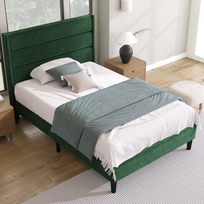Cama tapizada en terciopelo - 90x200cm - estilo contemporáneo - verde