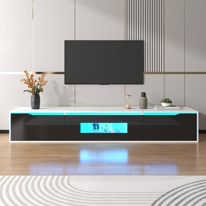 Mueble tv 180cm con iluminación led, 3 puertas, cristal + mdf, blanco