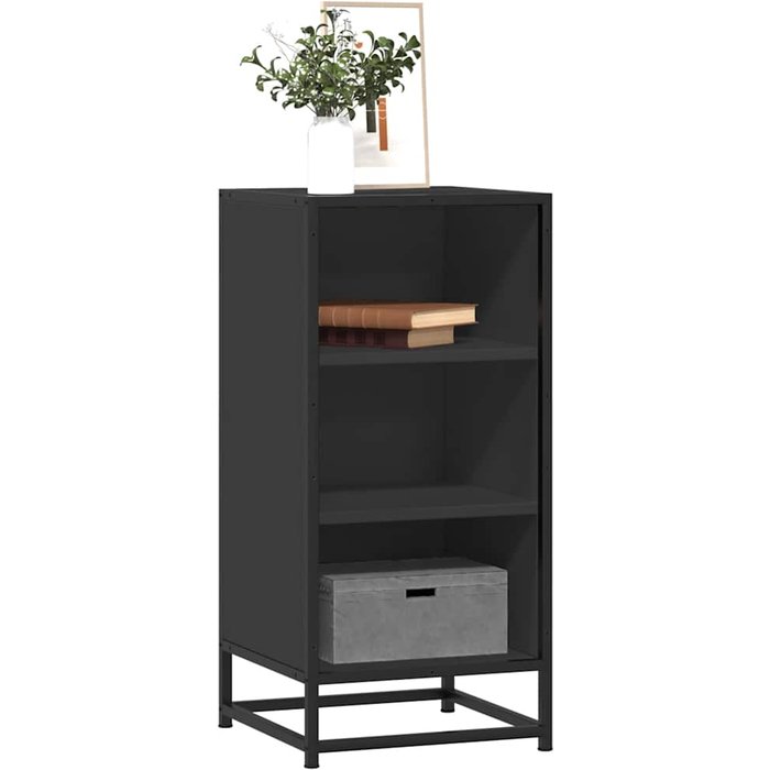 Aparador negro de 35,5 x 35 x 76 cm, fabricado en madera de ingeniería y metal.