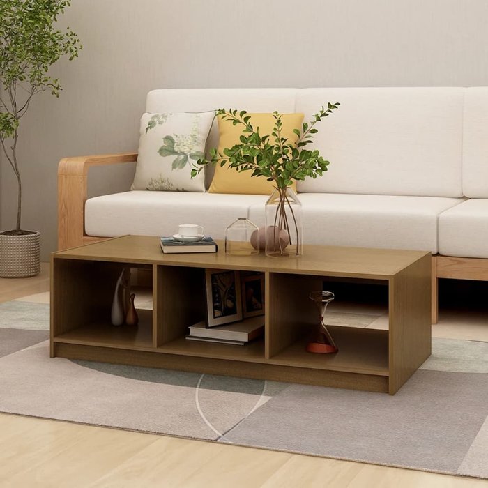 Mesa de centro color miel, 110x50x34 cm, madera maciza de pino.