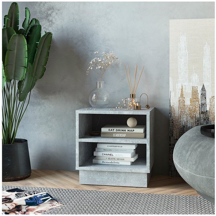Mesita de noche con 2 estantes melamina en color mármol gris 40x32x40cm