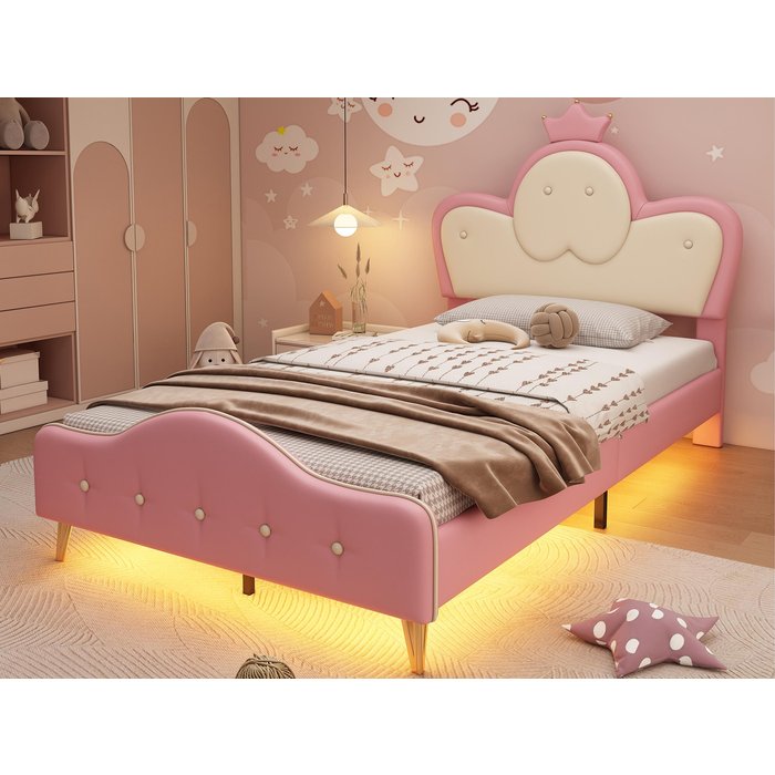 Cama infantil 90x200cm en símil piel - con led - rosa y blanco