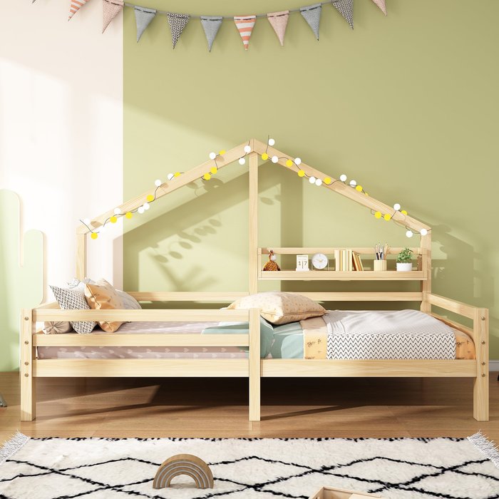 Cama de hogar cama infantil con estante en forma de chimenea 90x200 natural