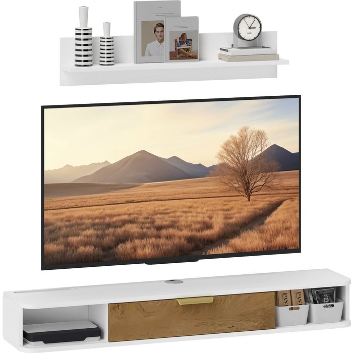 Conjunto mueble tv + estantería pared 120cm blanco con puerta y gestión cables