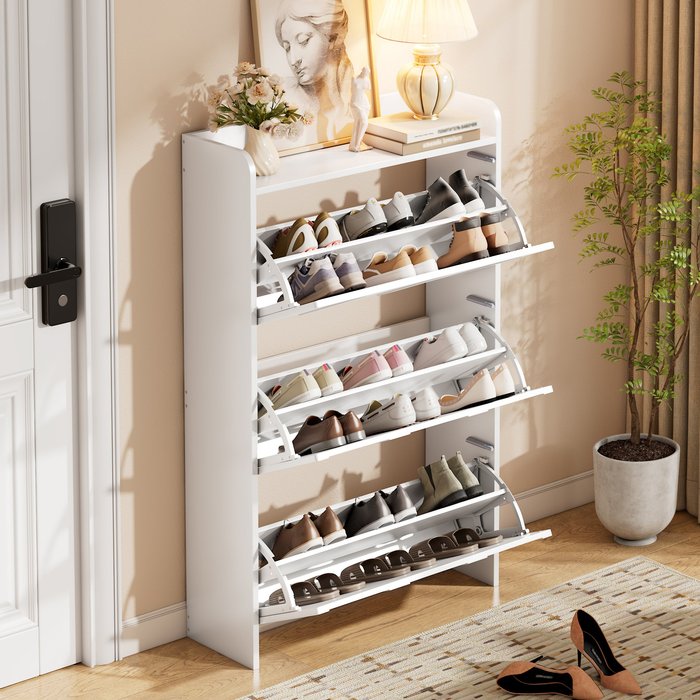 Mueble zapatero 70x25x120 cm con 3 puertas batantes y cajón, mdf, blanco