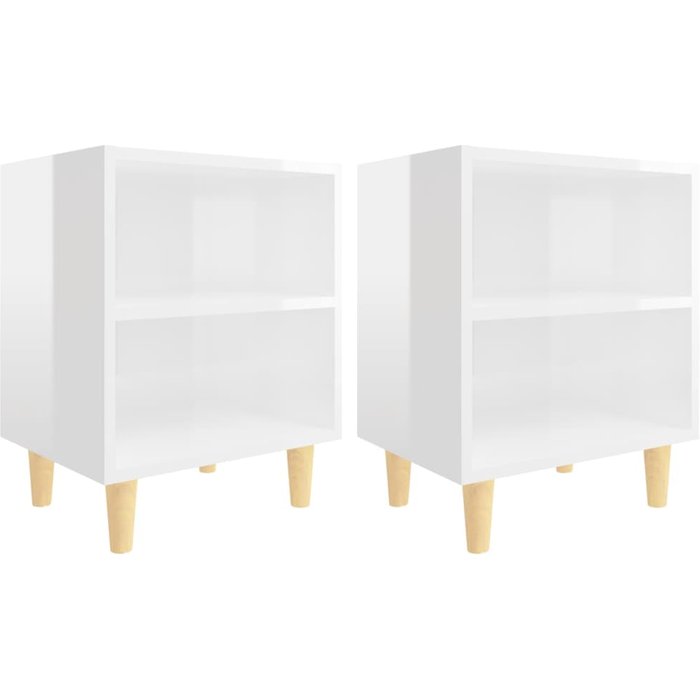 Mesitas de noche patas de madera 2 uds blanco brillo 40x30x50 cm