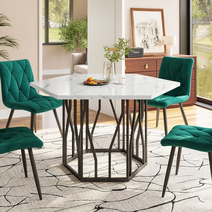 Mesa hexagonal de comedor moderna con diseño de mármol, de mdf, blanca y negra