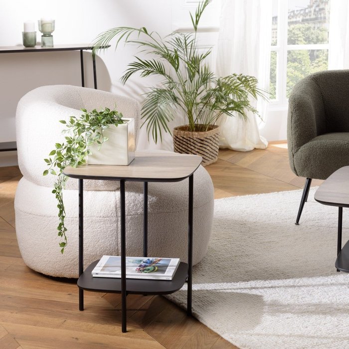 Julia - mesa auxiliar 2 tableros, tejido moka/negro, patas de metal