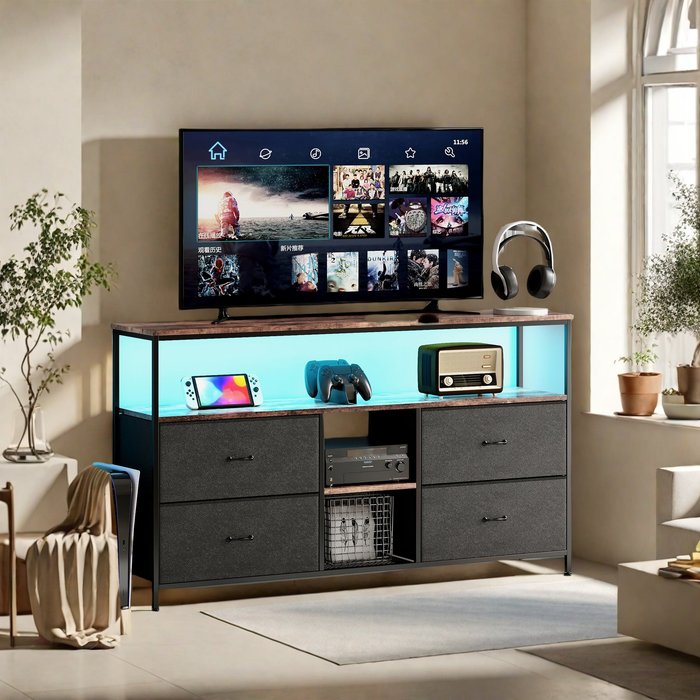 Mueble de tv led con 4 cajones, aparador retro de 108 x 30 x 78 cm, color negro