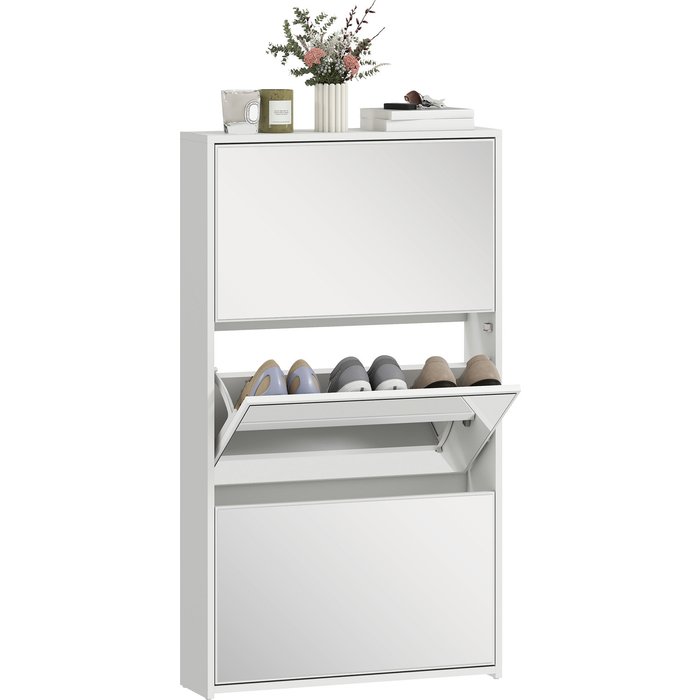 Zapatero estrecho 3 puertas espejo 9 pares 65x17x114cm blanco entrada pasillo