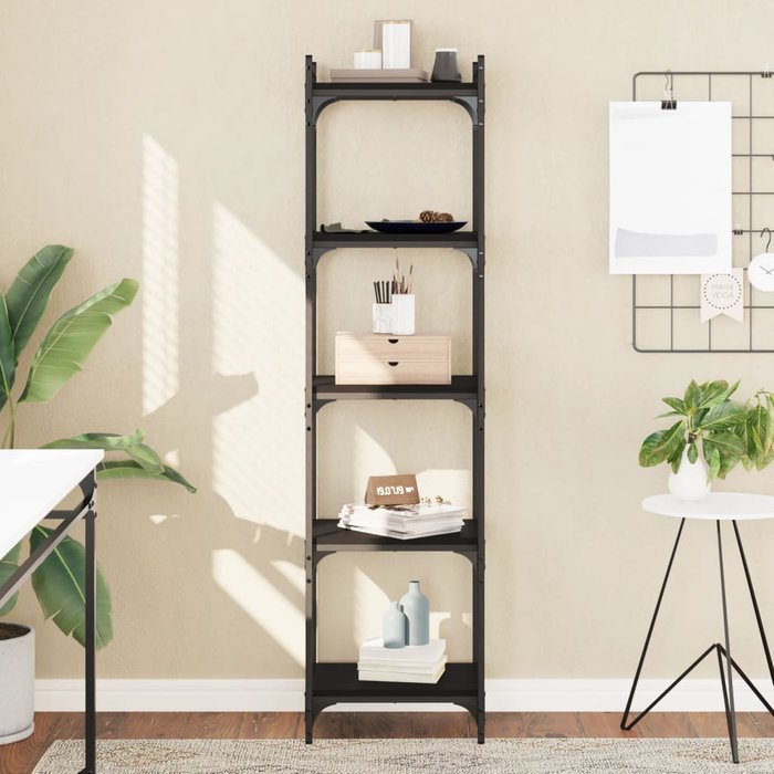 Librería negra de 5 niveles, 40x30x154 cm, madera de ingeniería. - pangivo