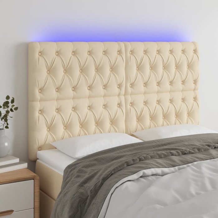 Cabecero con luces led tela crema 144x7x118/128 cm