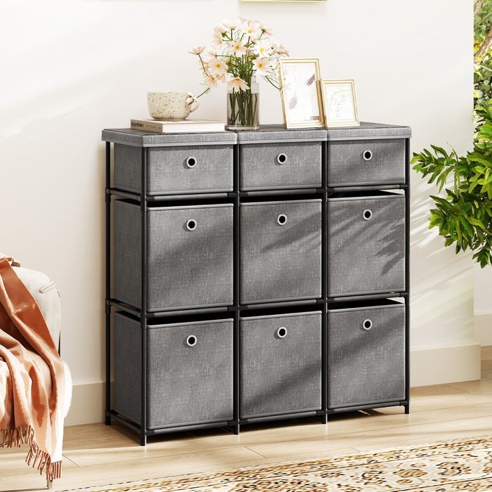 Cómoda 9 cajones estructura metálica cestas tela plegable hogar gris