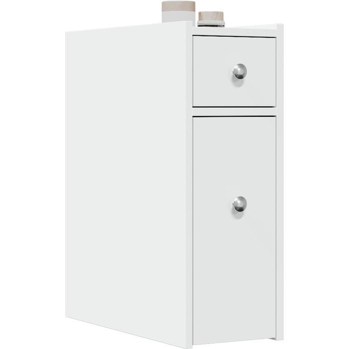 Mueble de baño estrecho con ruedas blancas.