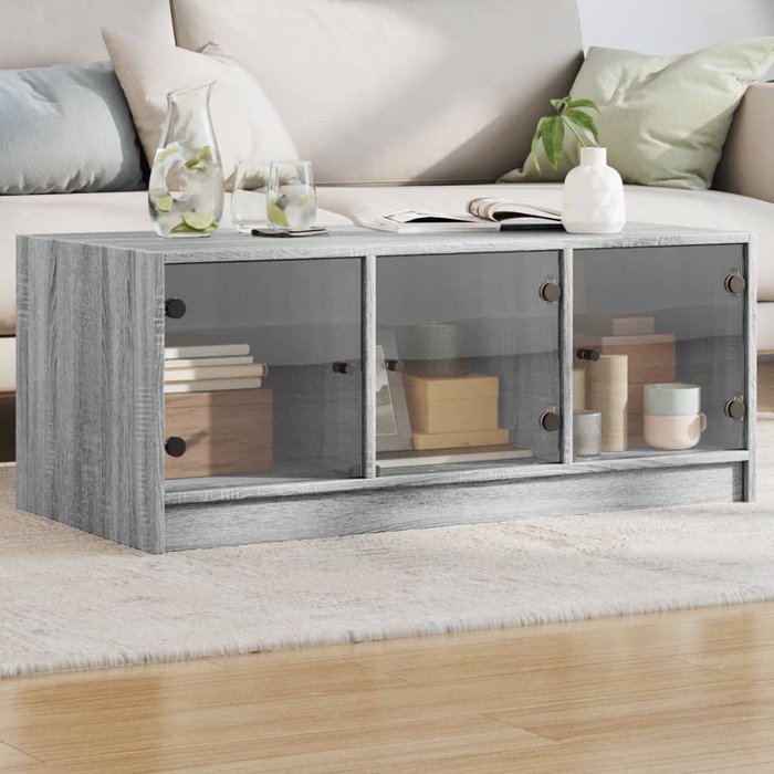 Mesa de centro con puertas de cristal sonoma gris, 102x50x42 cm
