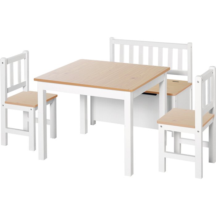 Conjunto infantil mesa 2 sillas y banco con almacenamiento blanco natural