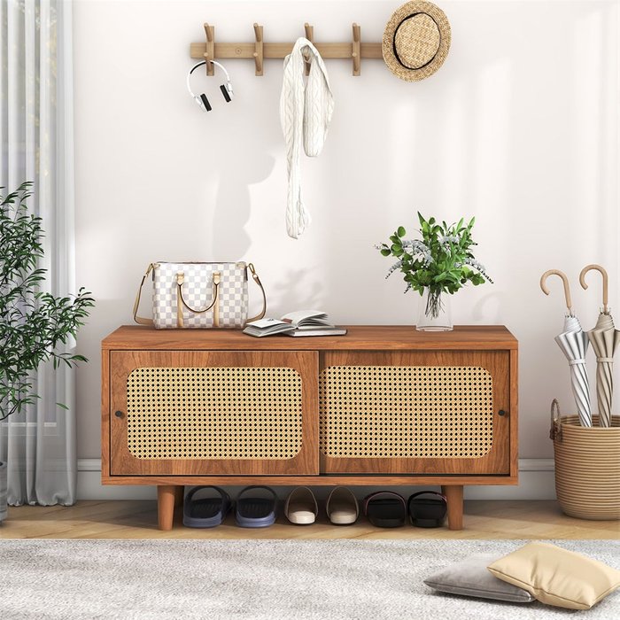 Mueble de zapatos de dos pu de mimbre conantes ajustables, nogal, 104*40*48 cm