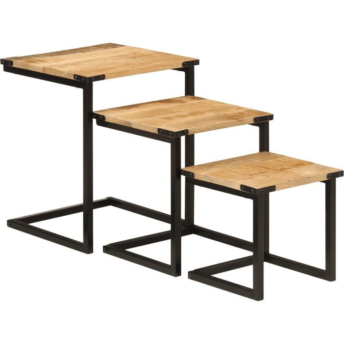 Juego de 3 mesas de centro nido en madera maciza de mango y hierro dec032590