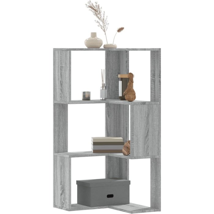 Librería esquinera de 3 niveles de madera de ingeniería gris sonoma