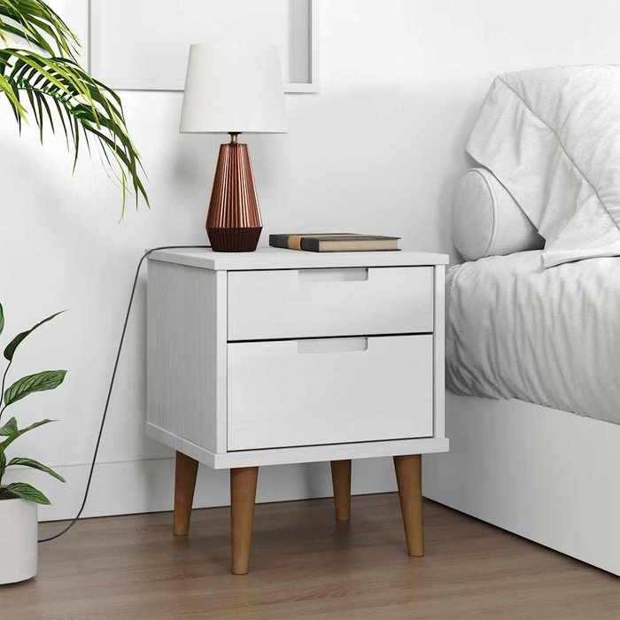 Mesita de noche molde, blanca, 40x35x48 cm, madera maciza de pino.