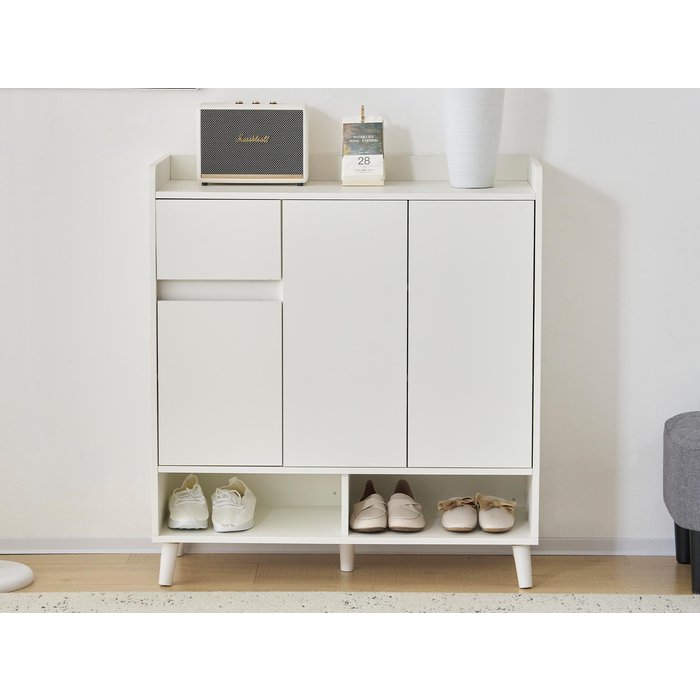 Zapatero - 7 compartimentos y 1 cajón - con estantes regulables - blanco