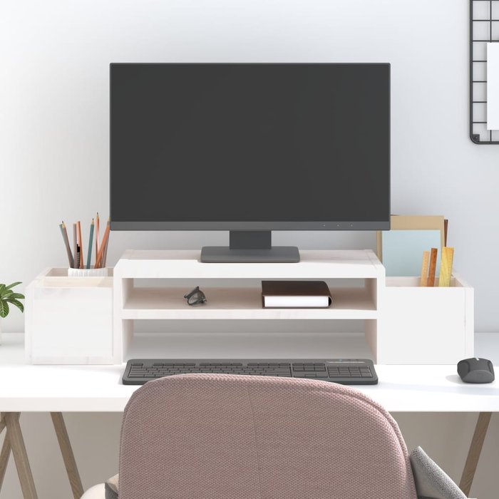 Soporte para monitor blanco 70x27,5x15 cm madera maciza de pino