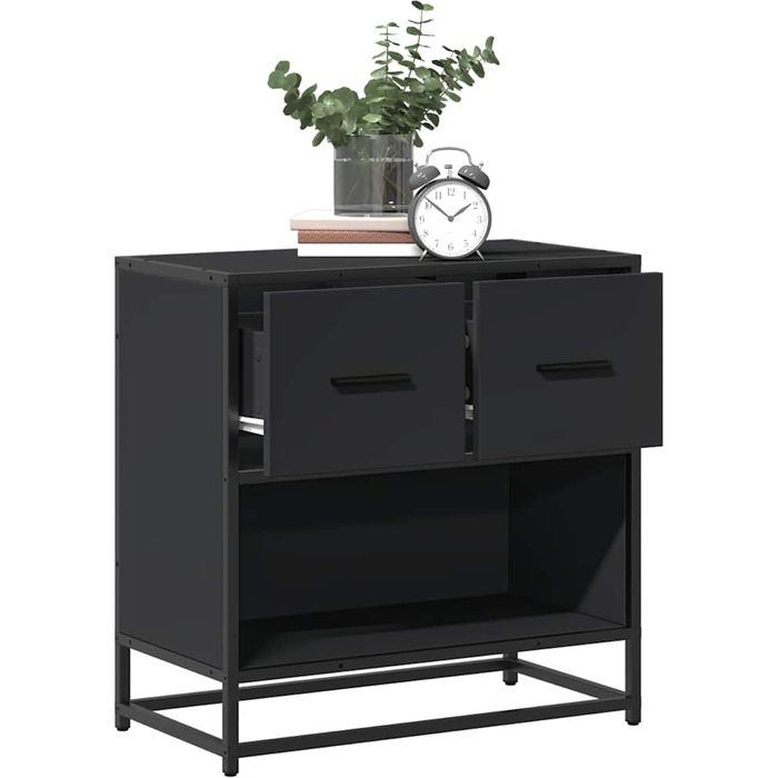 Mesita de noche negra de 60x31x60 cm, fabricada en madera de ingeniería y metal.