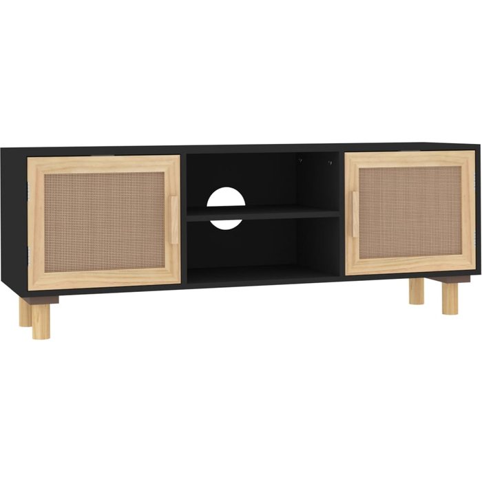 Mueble tv negro 105x30x40cm madera maciza de pino y ratán natural
