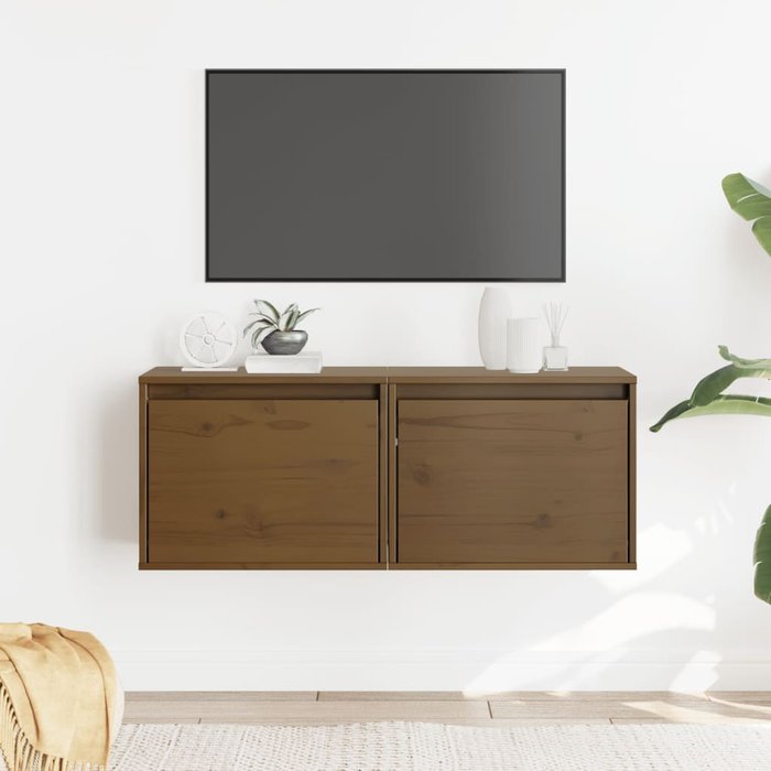 Armarios de pared de 2 piezas, color miel, 45x30x35 cm, madera maciza de pino.