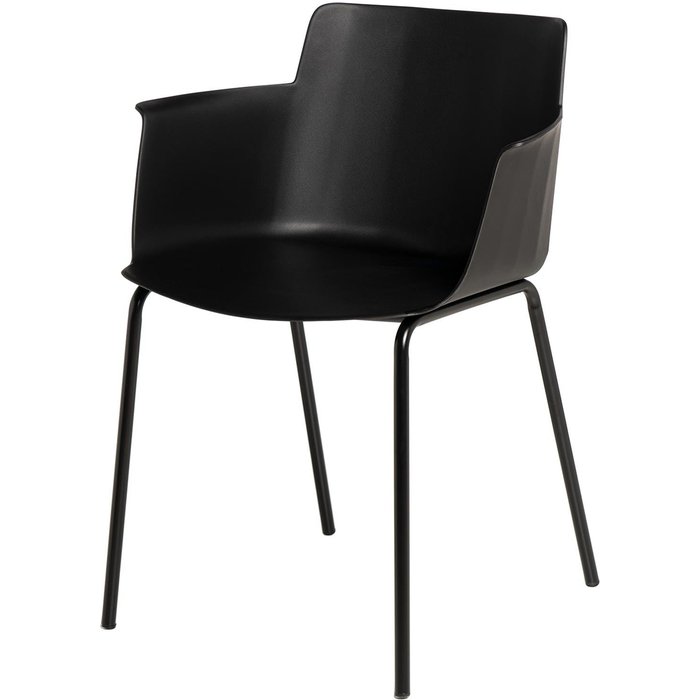 Silla risan con respaldo ergonómico, reposabrazos y patas de metal negra.