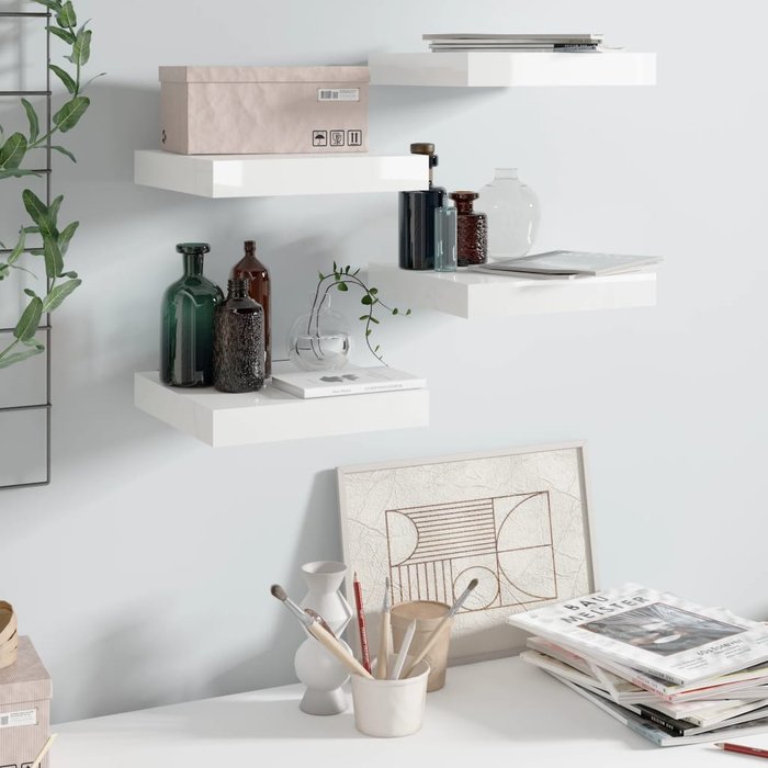 Estante flotante de pared 4 piezas mdf blanco brillo 23x23,5x3,8cm